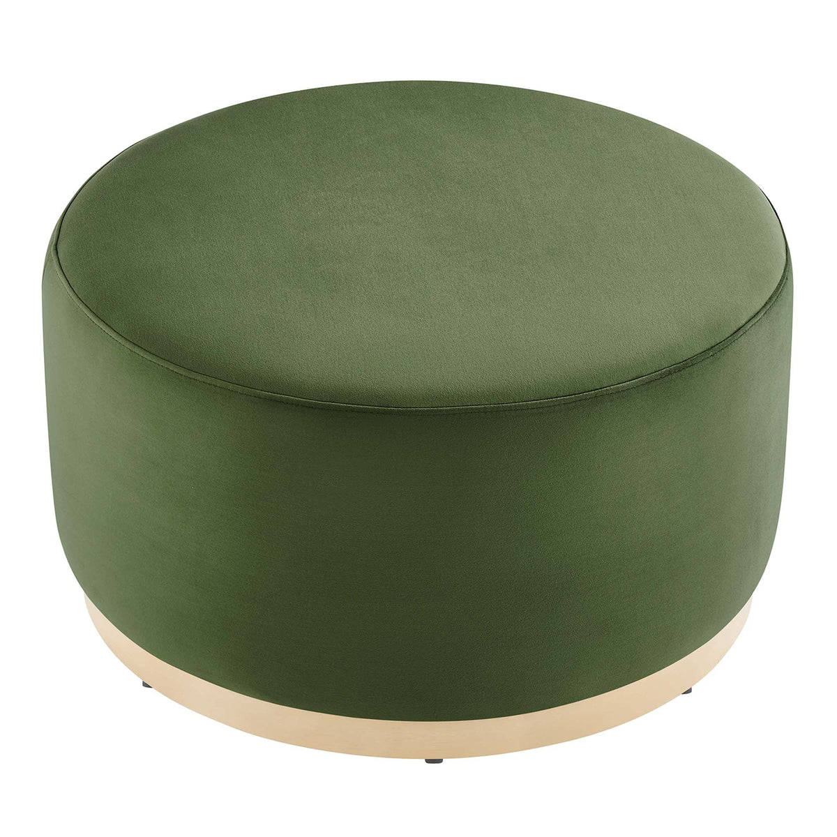 Tilden large round performance velvet ottoman in green with a natural wood ring base on Tampa Home & Garden Store