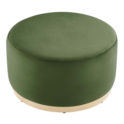 Tilden large round performance velvet ottoman in green with a natural wood ring base on Tampa Home & Garden Store
