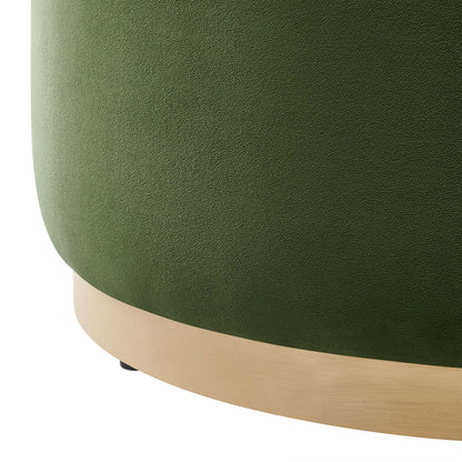 Tilden large round performance velvet upholstered ottoman in green with light wood base on Tampa Home & Garden Store