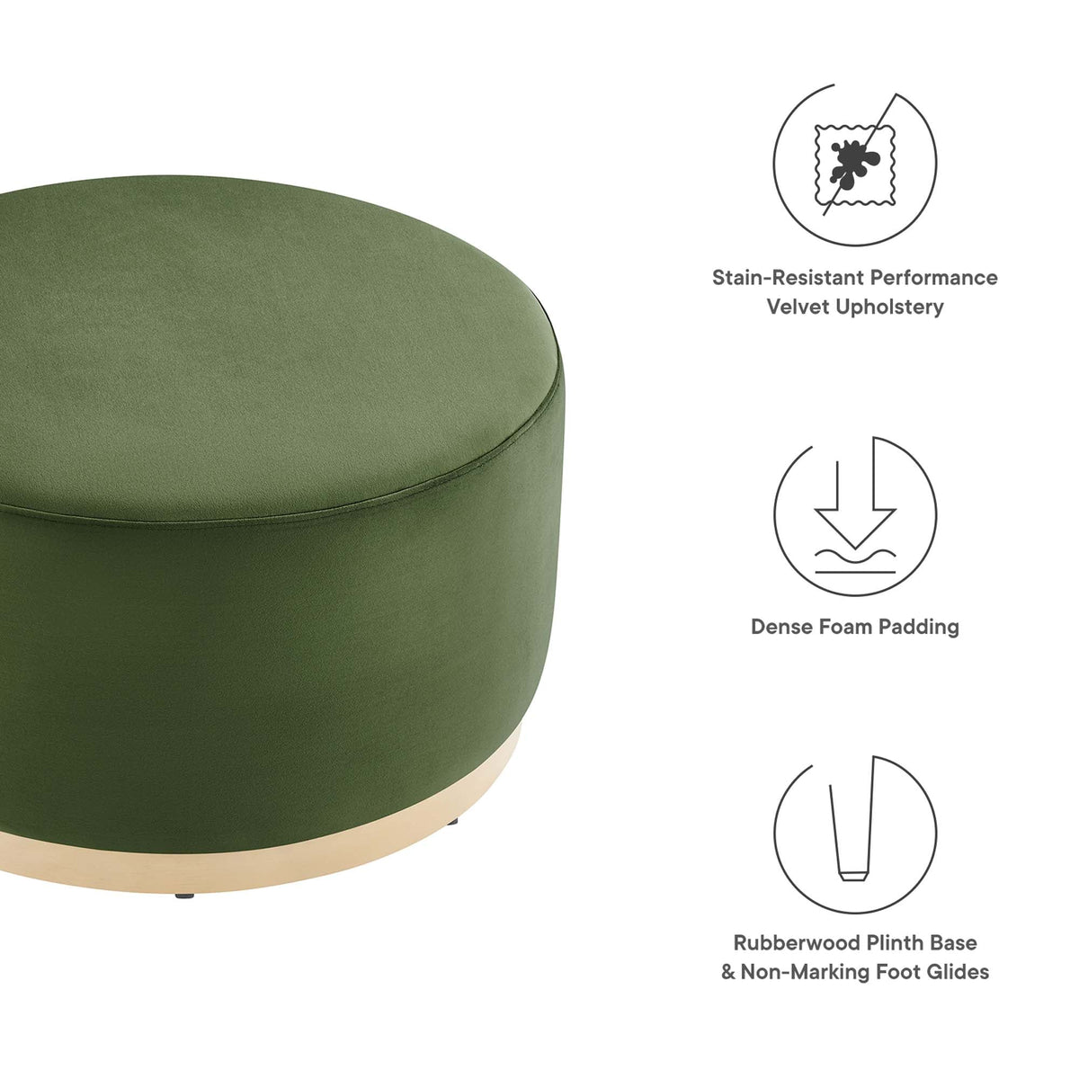 Tilden Large Round Velvet Ottoman in olive green with dense foam padding and rubberwood base on Tampa Home & Garden Store