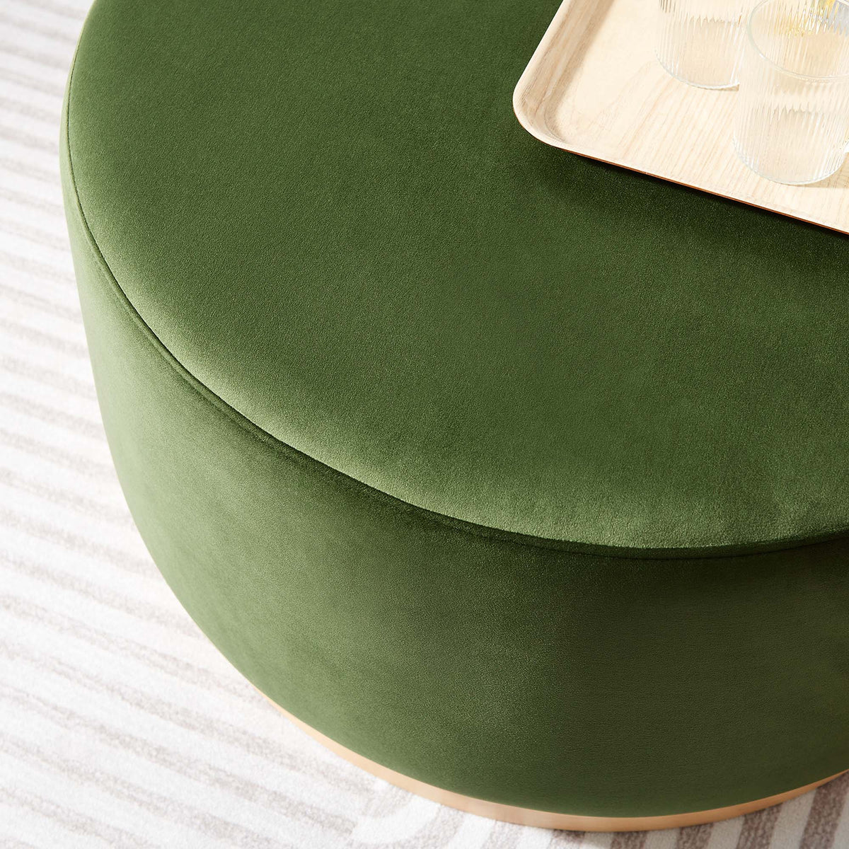Tilden Large Round Velvet Upholstered Ottoman with wood tray in green HouseOfZazla on Tampa Home & Garden Store