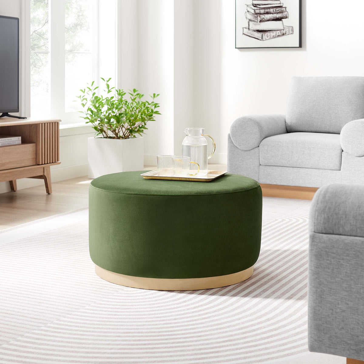 Tilden Large Round Performance Velvet Upholstered Ottoman green with natural wood base on Tampa Home & Garden Store