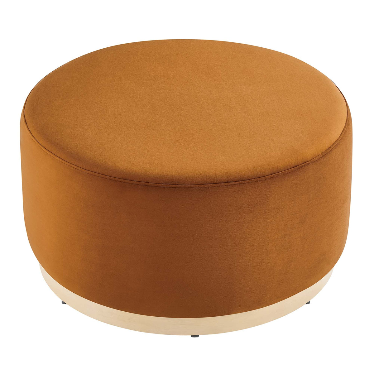 Tilden large round velvet ottoman in amber orange with light wood base on Tampa Home & Garden Store