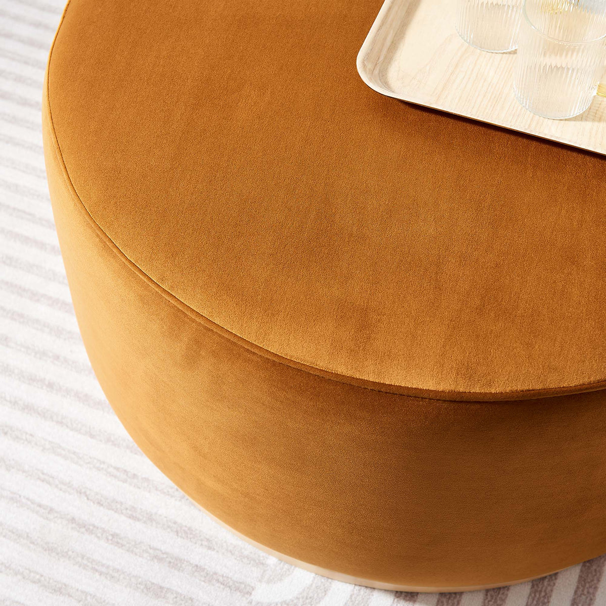 Tilden Large Round Performance Velvet Upholstered Ottoman in burnt orange with texture on Tampa Home & Garden Store