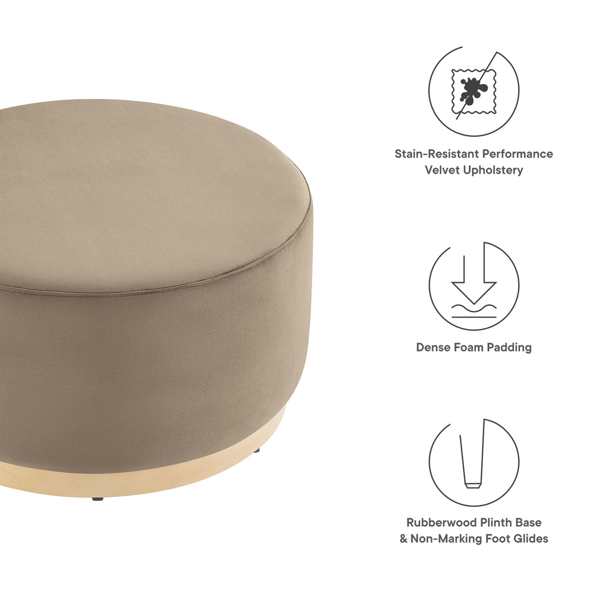 Tilden Large Round Performance Velvet Upholstered Ottoman in tan by HouseOfZazla for Living Room on Tampa Home & Garden Store