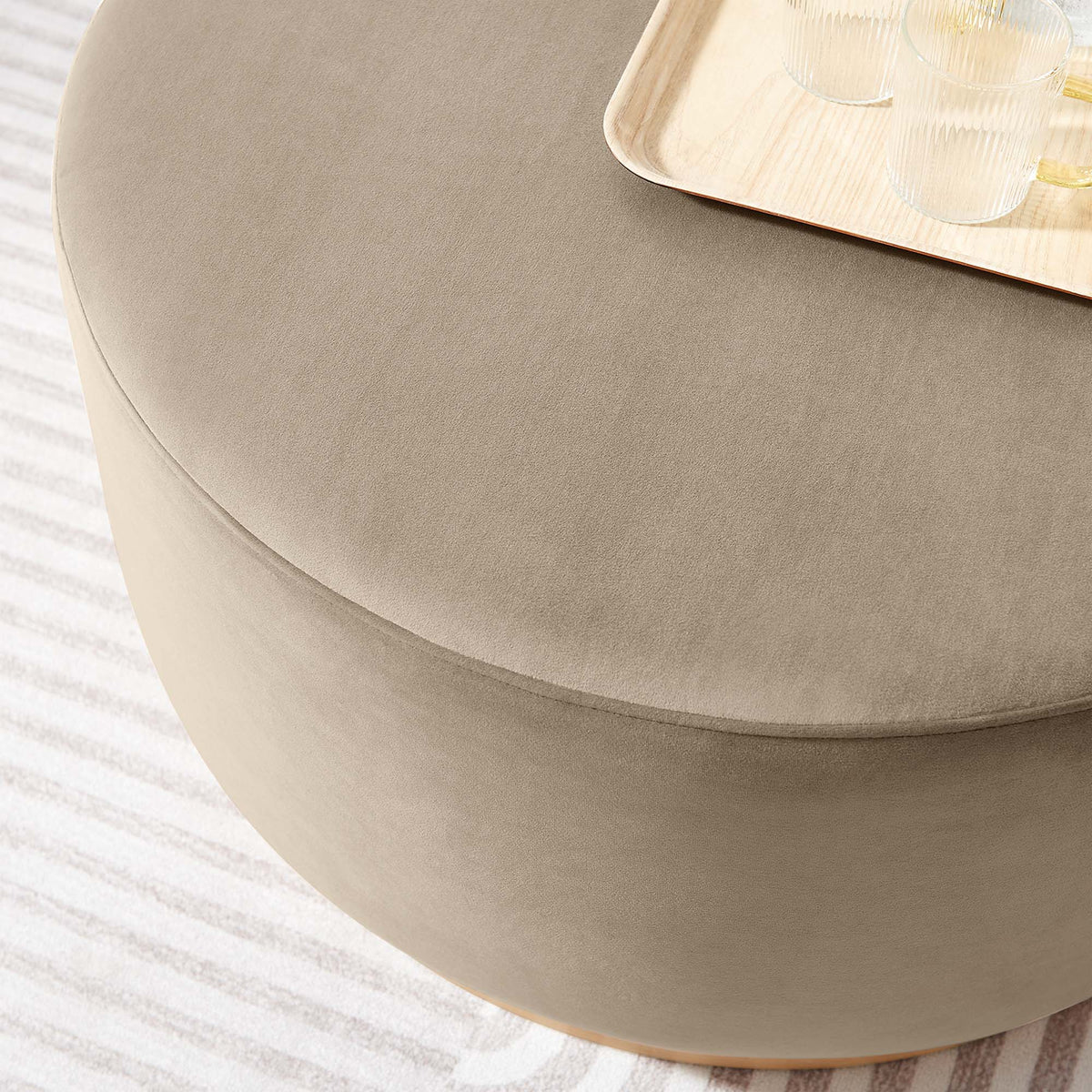 Tilden Large Round Performance Velvet Upholstered Ottoman in taupe with wood tray on Tampa Home & Garden Store
