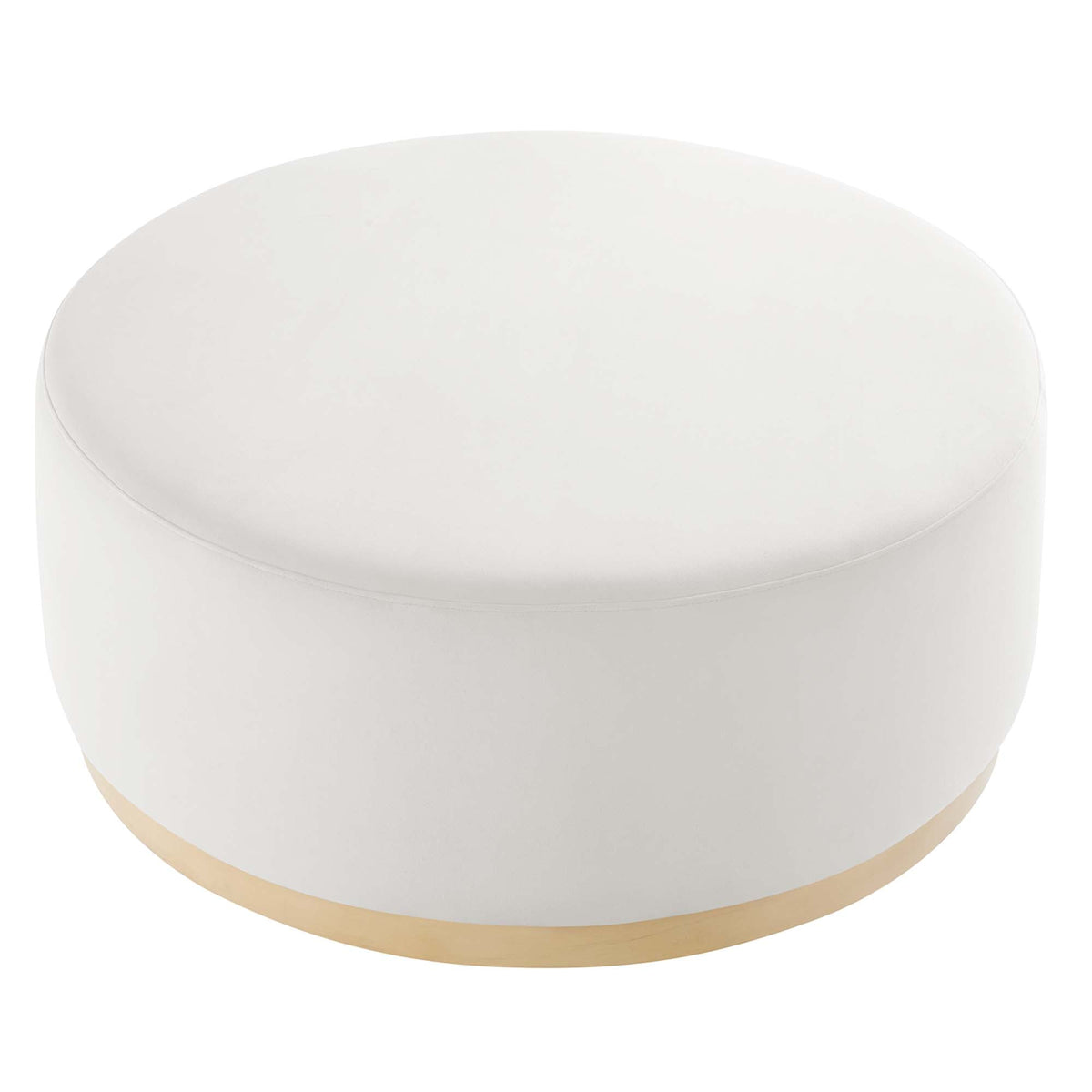 Tilden large 38in round performance velvet upholstered ottoman, white with brass ring base on Tampa Home & Garden Store