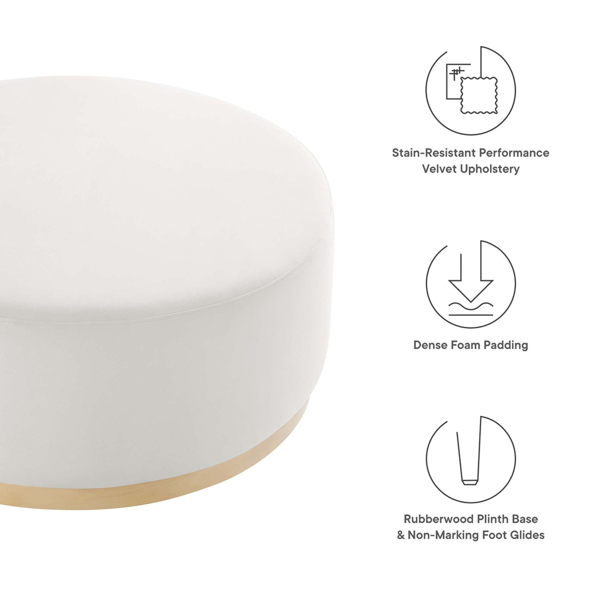 Tilden Large 38-inch Round Velvet Upholstered Ottoman in cream with gold plinth base on Tampa Home & Garden Store