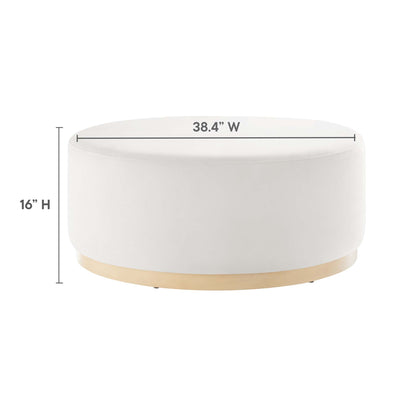 Tilden Large 38in Round Performance Velvet Ottoman, ivory upholstery with natural wood base on Tampa Home & Garden Store