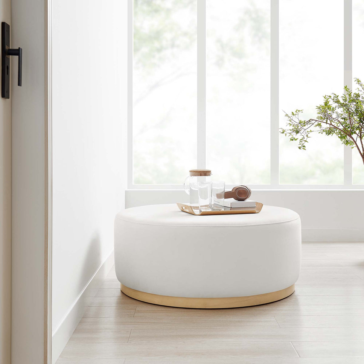 Tilden 38-inch round velvet ottoman in white with natural wooden base modern decor accent on Tampa Home & Garden Store