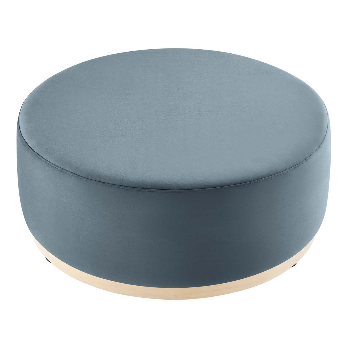 Tilden Large 38-inch Round Velvet Upholstered Ottoman blue velvet top with light wood base on Tampa Home & Garden Store
