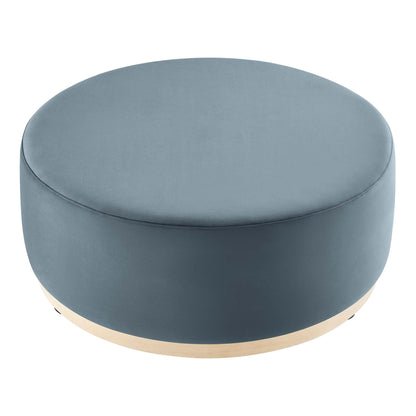 Tilden Large 38-inch Round Velvet Upholstered Ottoman blue velvet top with light wood base on Tampa Home & Garden Store