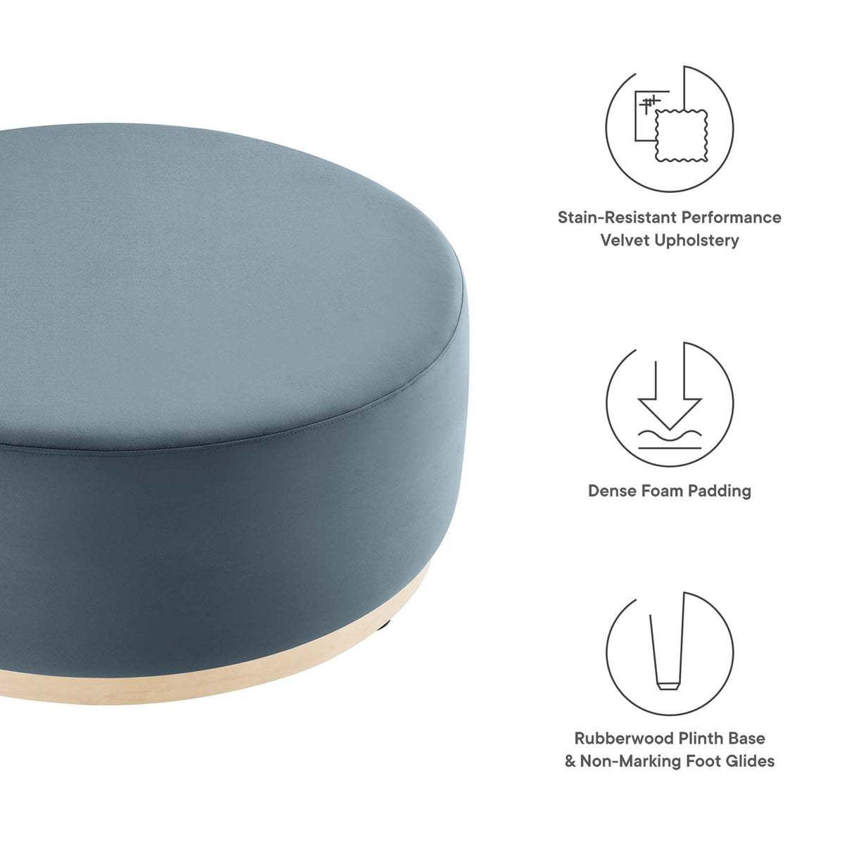Tilden 38-inch round performance velvet ottoman in blue-gray with dense foam padding by Modway on Tampa Home & Garden Store