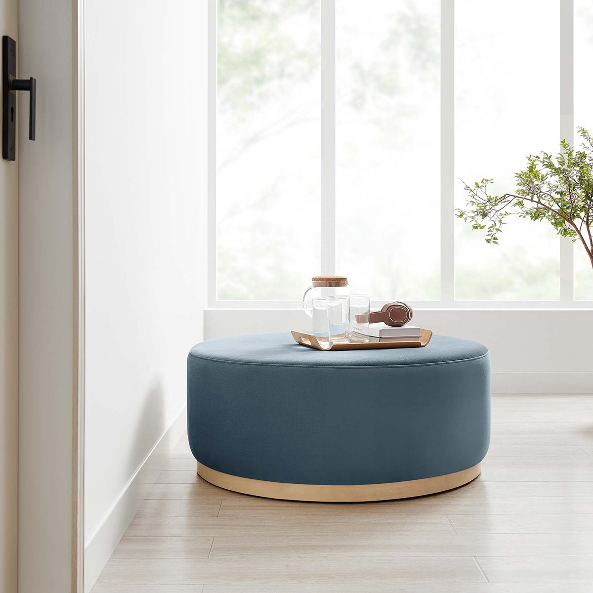 Modway Tilden large 38-inch round velvet ottoman, blue upholstery with natural wood base on Tampa Home & Garden Store