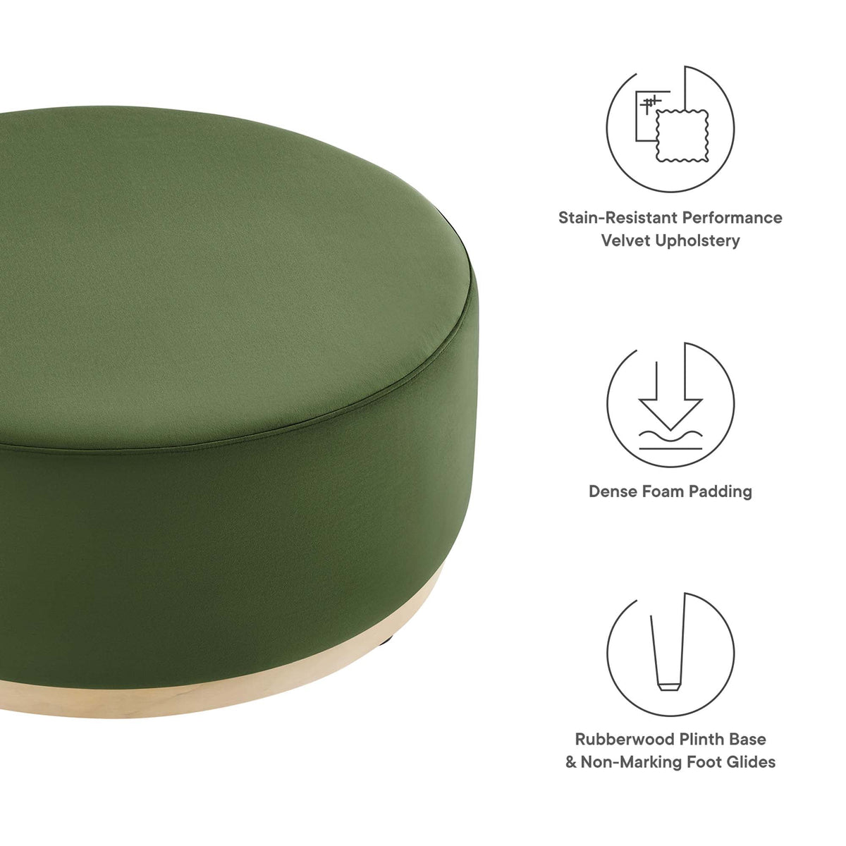 Tilden Large 38in Round Performance Velvet Upholstered Ottoman olive green on Tampa Home & Garden Store