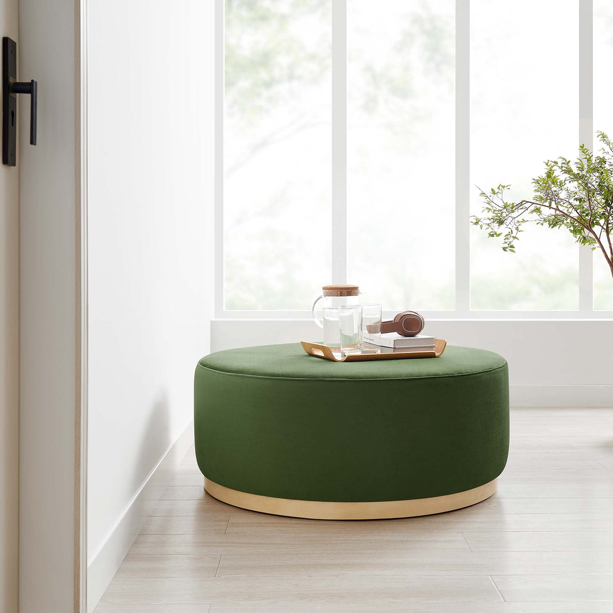 Tilden Large 38in Round Performance Velvet Upholstered Ottoman by Modway, green velvet on Tampa Home & Garden Store