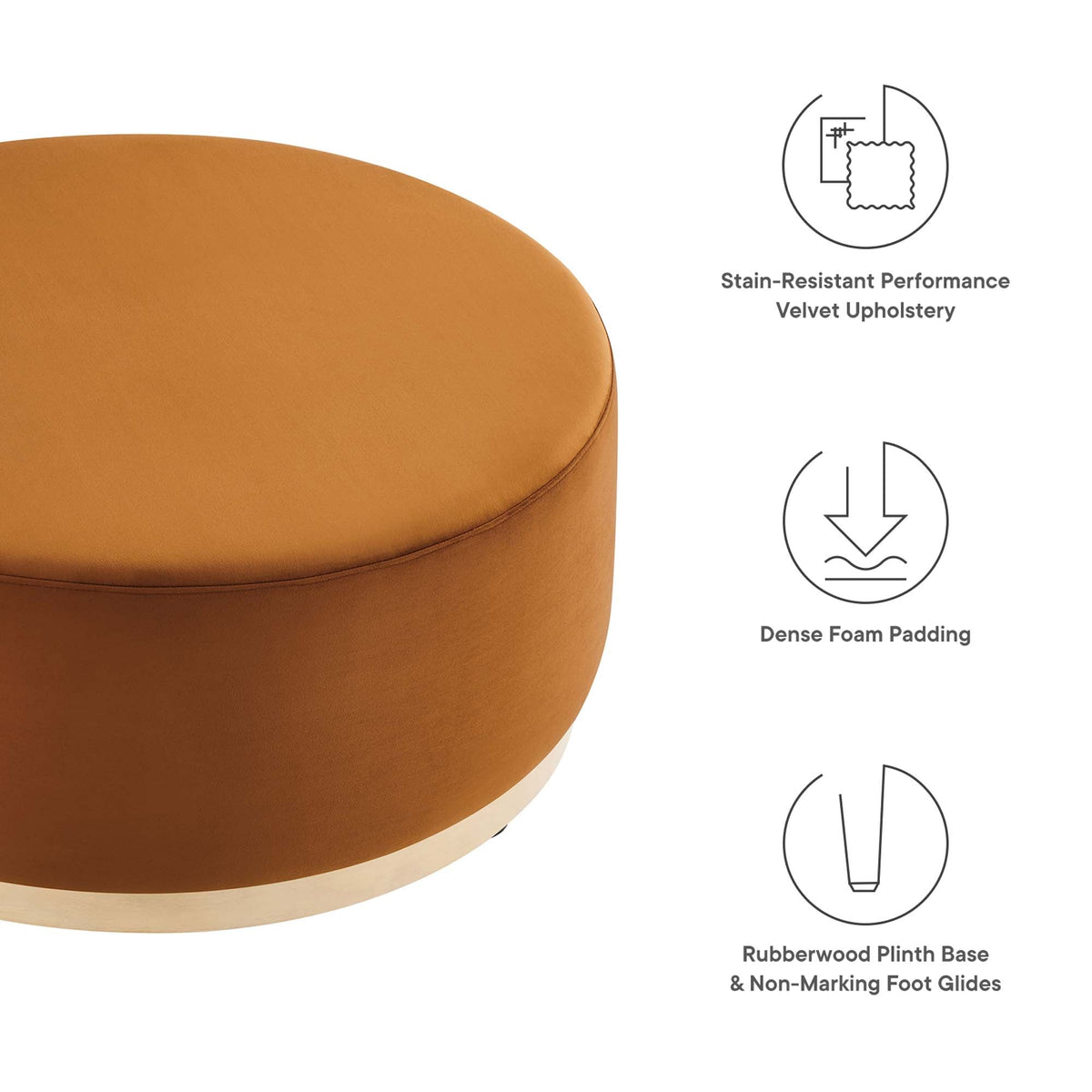 Tilden Large 38in round velvet ottoman in orange upholstery by Modway with dense foam padding on Tampa Home & Garden Store