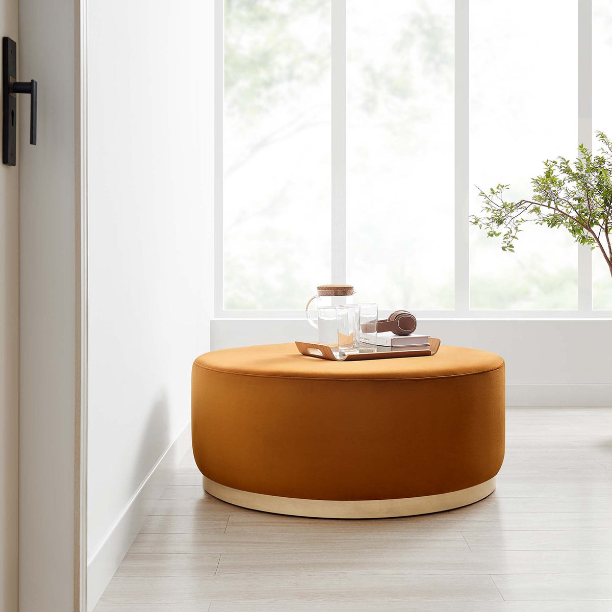 Modway Tilden 38in round velvet ottoman in caramel brown with light wood base living room on Tampa Home & Garden Store