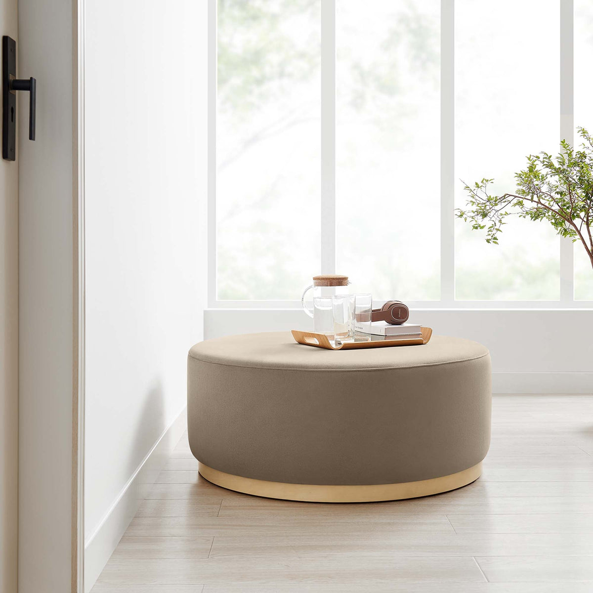 Tilden Large 38in round performance velvet upholstered ottoman taupe beige by Modway on Tampa Home & Garden Store
