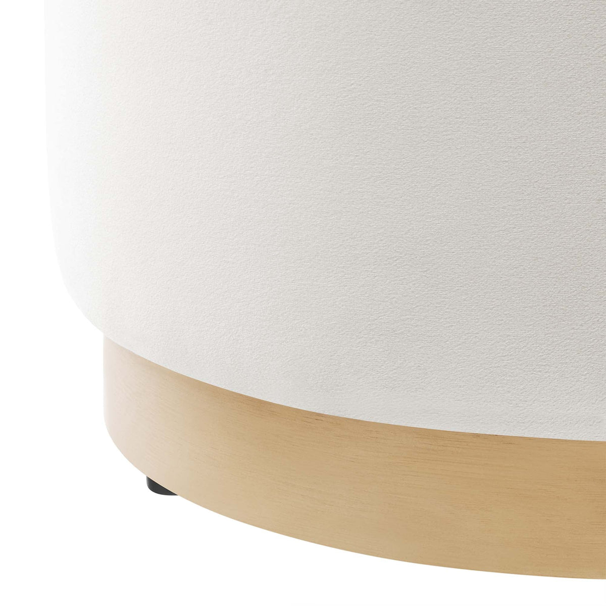 Tilden 16in round performance velvet upholstered ottoman cream fabric with light wood base on Tampa Home & Garden Store