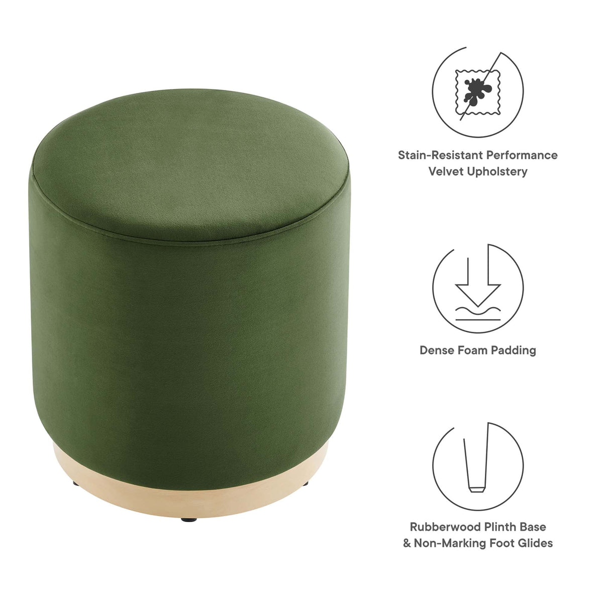 Tilden 16in Round Performance Velvet Ottoman with green upholstery and rubberwood plinth base on Tampa Home & Garden Store