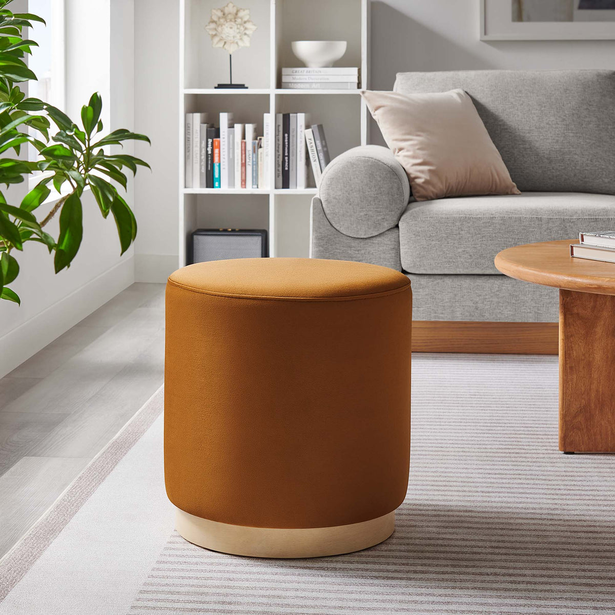 Tilden 16-inch round velvet ottoman by Modway, orange velvet, modern living room scene on Tampa Home & Garden Store