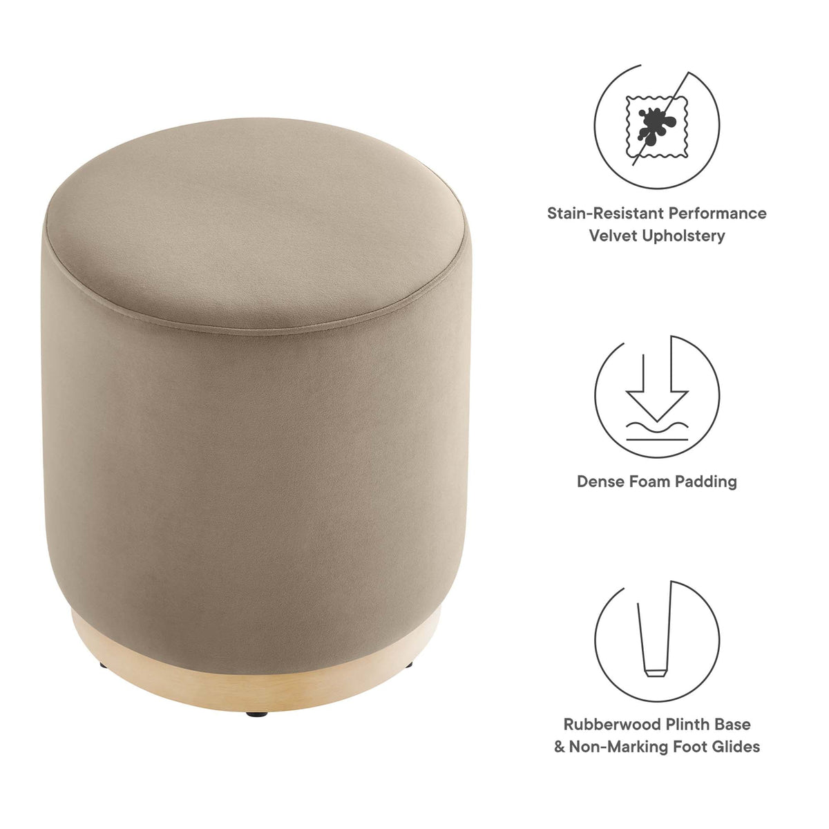 Tilden 16in Performance Velvet Upholstered Ottoman beige with wood plinth base HouseOfZazla on Tampa Home & Garden Store