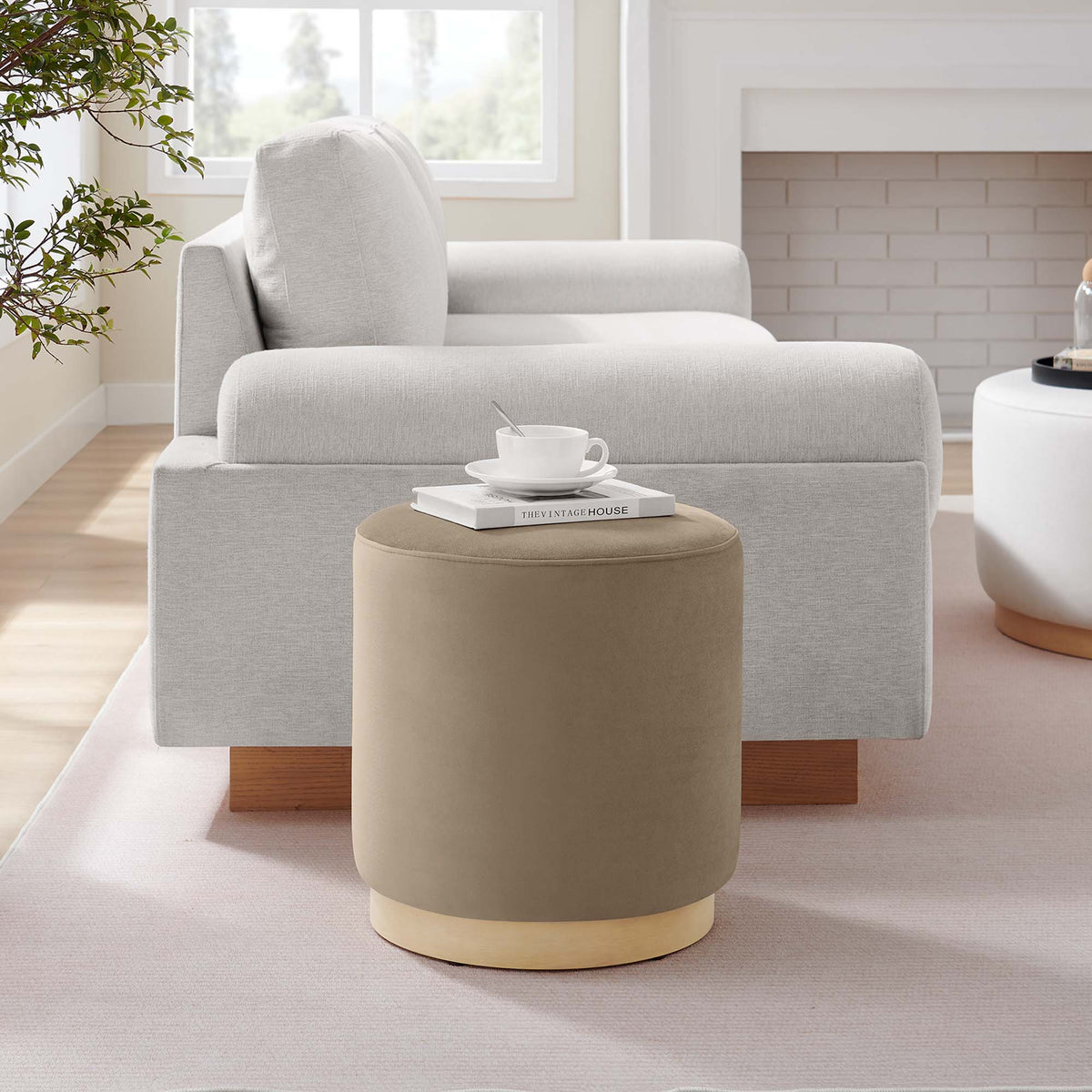 Tilden 16in round performance velvet upholstered ottoman in light gray with tan base by Modway on Tampa Home & Garden Store