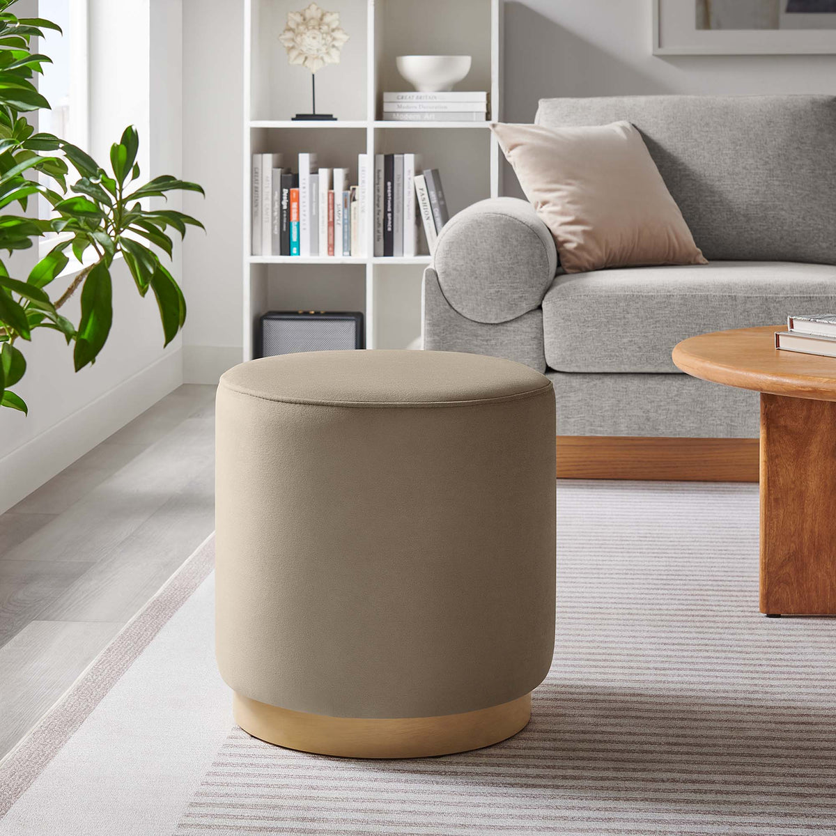 Tilden 16in round velvet upholstered ottoman beige with wooden base HouseOfZazla on Tampa Home & Garden Store