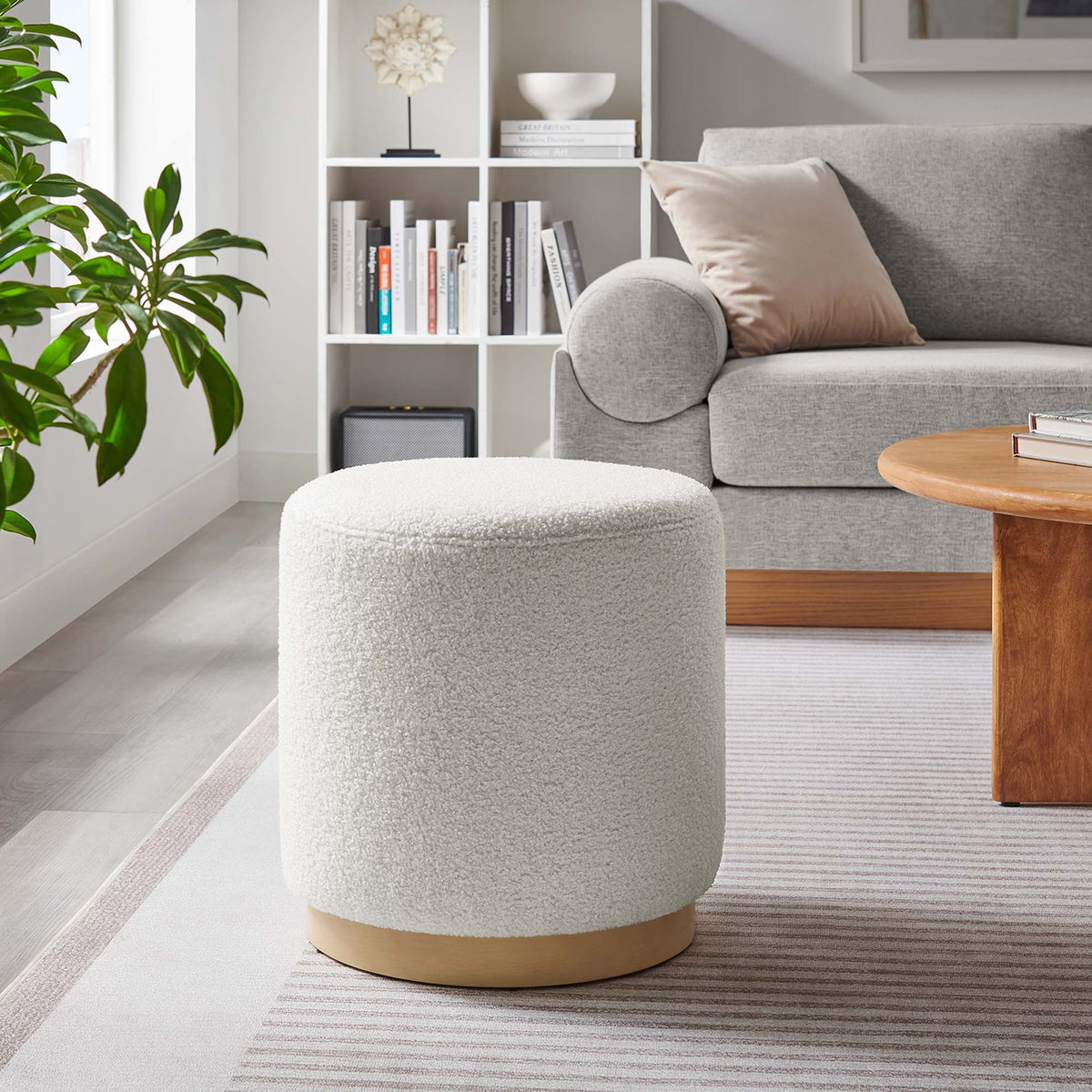 Tilden 16in round Sherpa ottoman by Modway; light gray fabric, natural wood base on Tampa Home & Garden Store