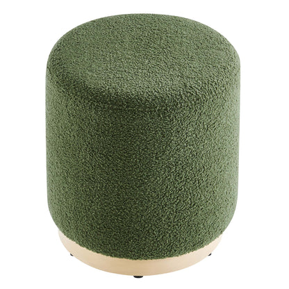Tilden 16in Round Sherpa Upholstered Ottoman by Modway in olive green with a natural wood base on Tampa Home & Garden Store