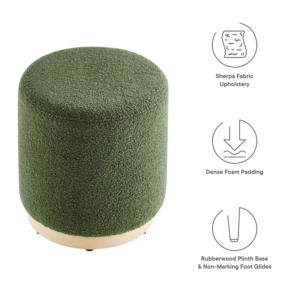 Tilden 16in round Sherpa ottoman in green fabric with foam padding and rubberwood plinth base on Tampa Home & Garden Store