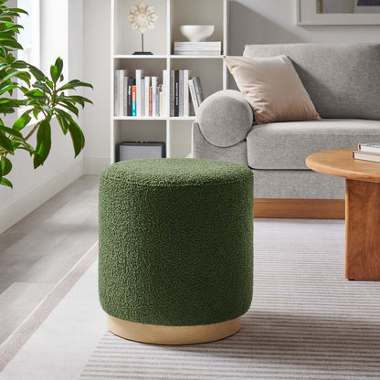 Tilden 16in round Sherpa ottoman in green fabric with natural wood base beside gray sofa and white bookshelf on Tampa Home & Garden Store