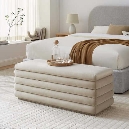 Mezzo Upholstered Performance Velvet Storage Bench beige velvet in a calm bedroom on Tampa Home & Garden Store