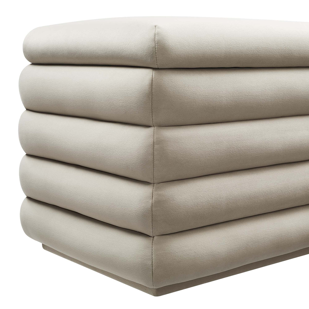 Mezzo upholstered velvet storage bench cushions in beige, stacked with rounded edges on Tampa Home & Garden Store
