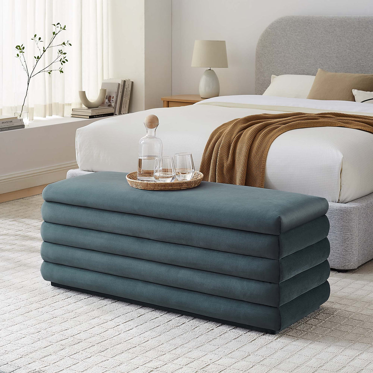 Mezzo Upholstered Performance Velvet Storage Bench by Modway in teal at foot of bed on Tampa Home & Garden Store
