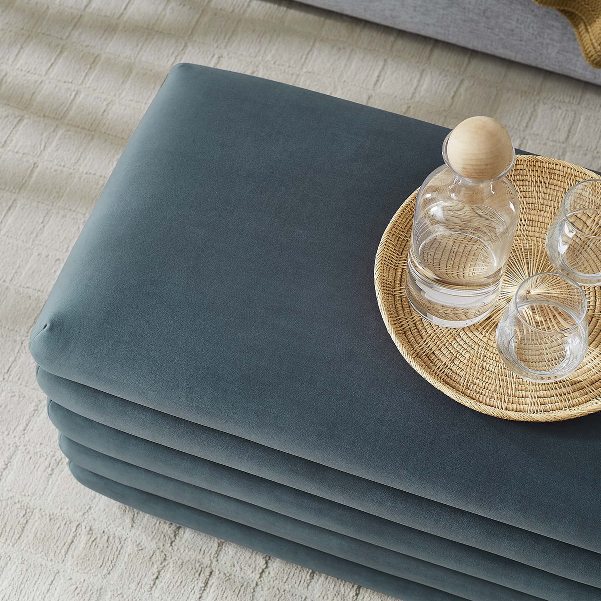Mezzo Upholstered Performance Velvet Storage Bench by Modway in teal velvet with a round wicker tray on Tampa Home & Garden Store