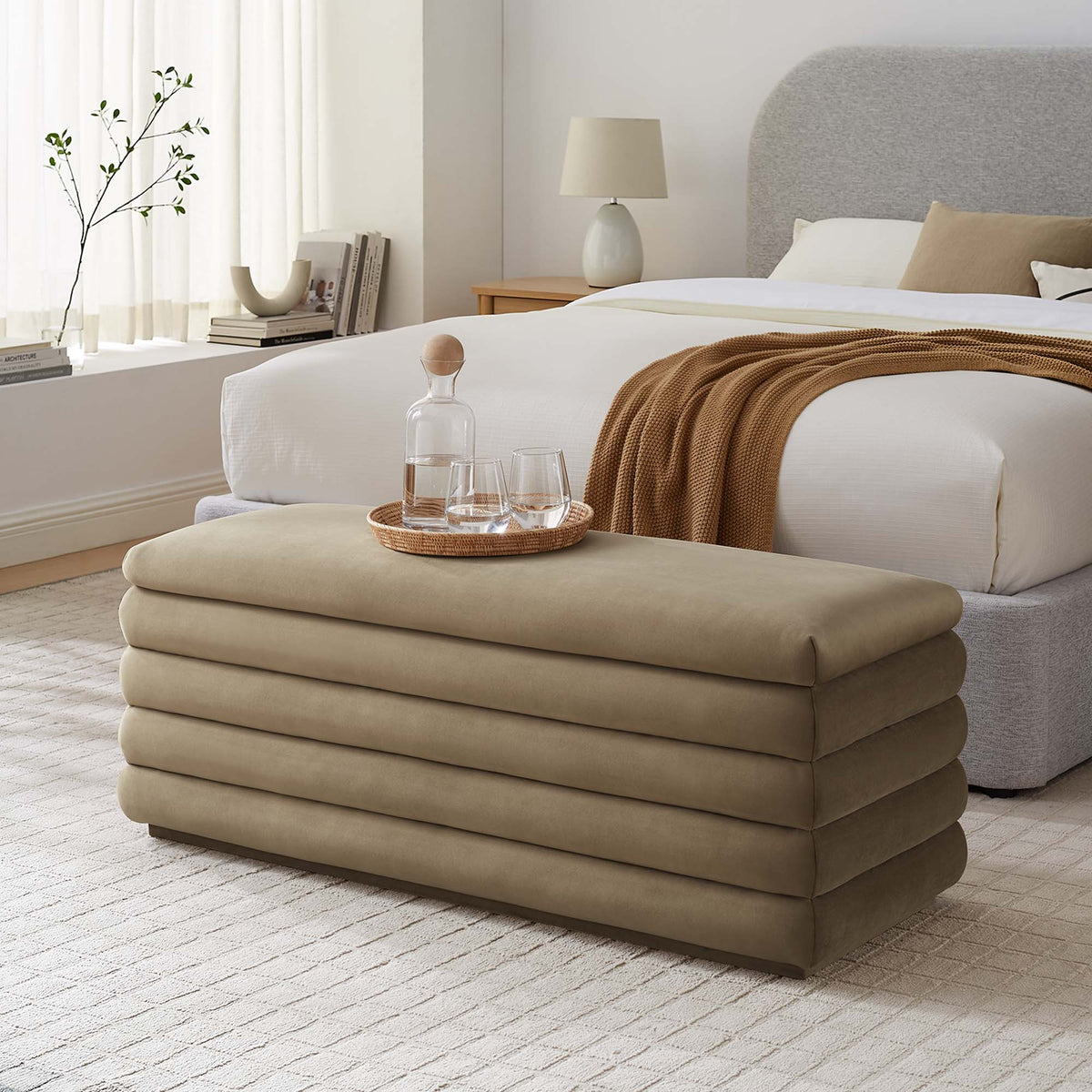 Mezzo upholstered performance velvet storage bench by Modway in taupe with stacked cushion base on Tampa Home & Garden Store