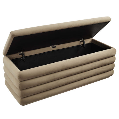Mezzo Upholstered Performance Velvet Storage Bench beige with hinged lid and black interior on Tampa Home & Garden Store