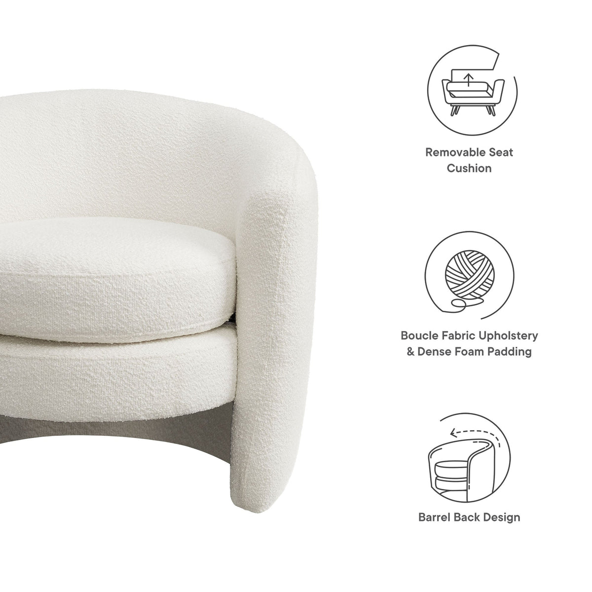 Affinity Upholstered Boucle Curved Back Armchair in cream fabric, removable seat cushion on Tampa Home & Garden Store