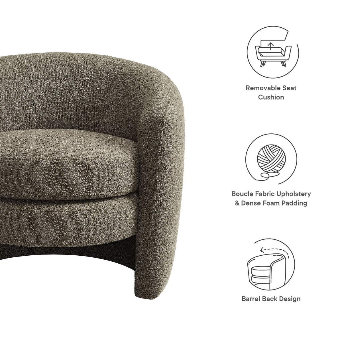 Modway Affinity boucle armchair with curved back in brown textured fabric, removable cushion on Tampa Home & Garden Store