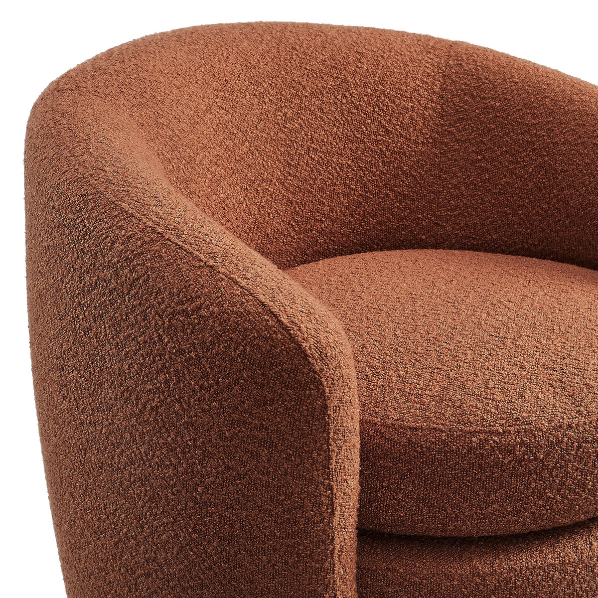 Affinity curved-back armchair upholstered in warm brown bouclé fabric close-up on Tampa Home & Garden Store