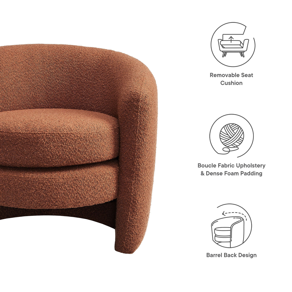 Affinity Upholstered Boucle Fabric Curved Back Armchair terracotta boucle upholstery by Modway on Tampa Home & Garden Store