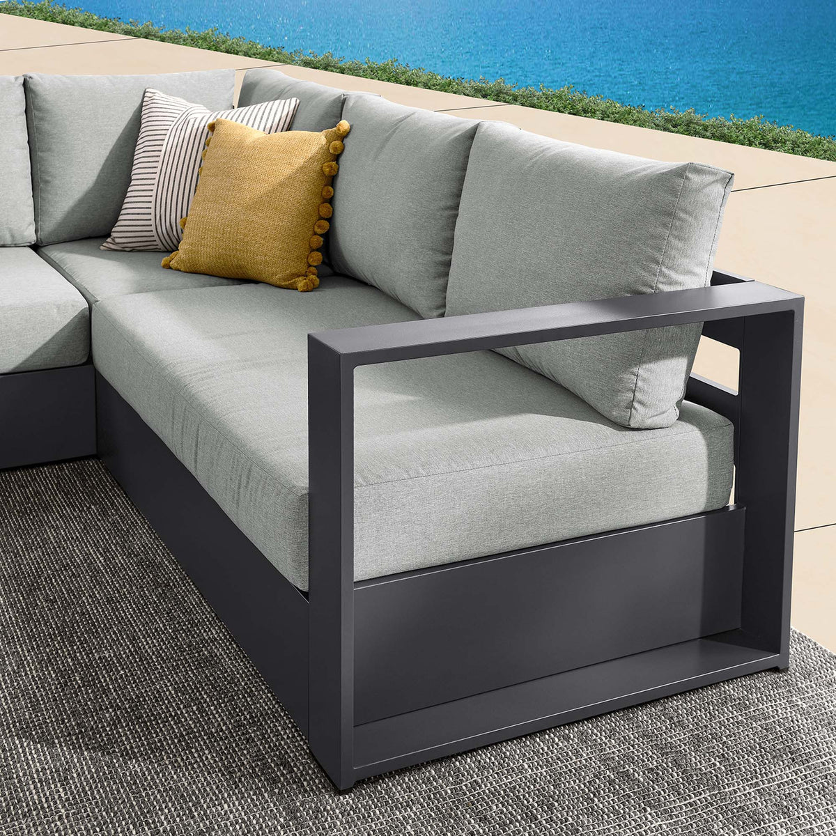 Tahoe 3-Piece outdoor aluminum sectional sofa with gray cushions and yellow pom-pom pillow on Tampa Home & Garden Store