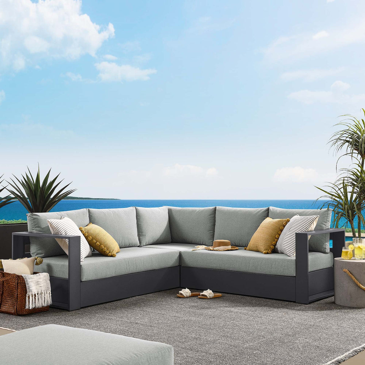 Tahoe 3-Piece Outdoor Sectional Sofa Set in powder-coated aluminum with gray cushions on Tampa Home & Garden Store