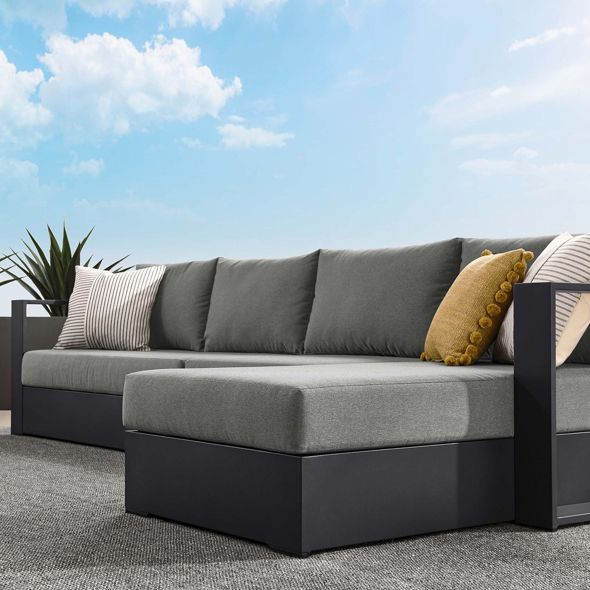 Tahoe 3-Piece Outdoor Sofa Sectional right chaise with gray cushions and powder-coated aluminum on Tampa Home & Garden Store