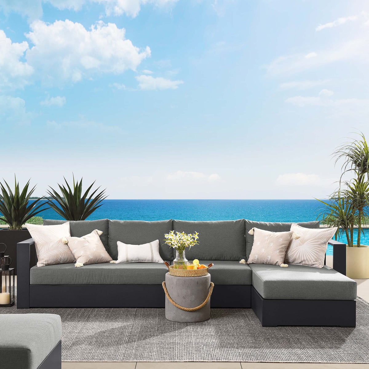 Tahoe 3-Piece aluminum right-facing chaise sectional sofa set with gray cushions by Modway on Tampa Home & Garden Store