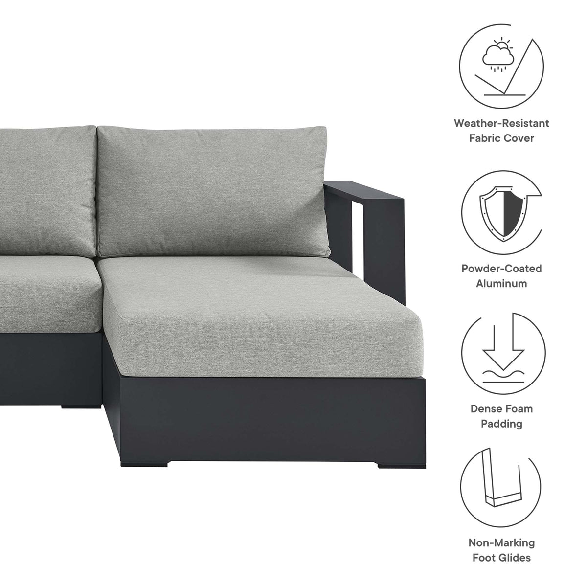 Tahoe 3-Piece Outdoor Right-Facing Chaise Sectional Sofa in powder-coated aluminum on Tampa Home & Garden Store