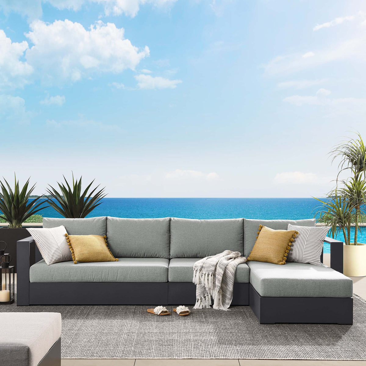 Tahoe 3-Piece outdoor powder-coated aluminum right-facing chaise sectional with gray cushions on Tampa Home & Garden Store