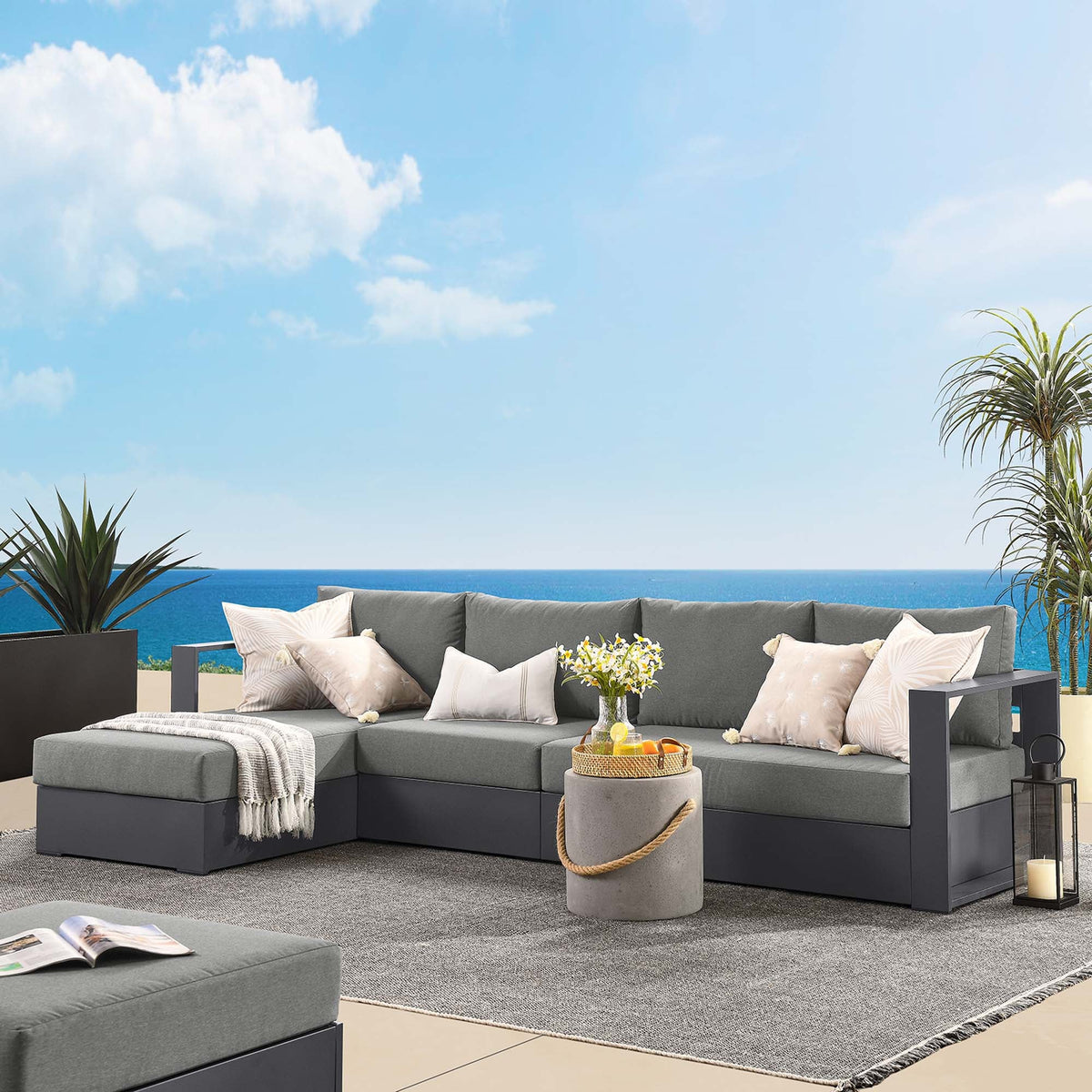 Tahoe 3-Piece outdoor left-facing chaise sectional in powder-coated aluminum with cushions on Tampa Home & Garden Store
